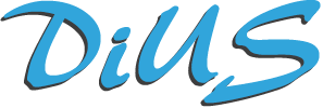 Logo mit dem Schriftzug „DiUS“ in dynamischer, kursiver Schreibschrift. Die Buchstaben sind in kräftigem Hellblau gehalten und werfen einen dezenten grauen Schatten. Die Gestaltung vermittelt Bewegung, Modernität und Eigenständigkeit.