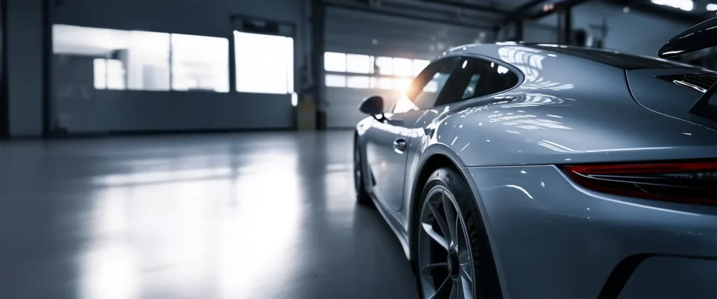 Ein silberfarbener Sportwagen steht in einer hellen, modernen Werkstatthalle. Die Kamera zeigt das Fahrzeug schräg von hinten, wodurch sich die glänzende Karosserie, das sportliche Felgendesign und das elegant gebogene Heck betont spiegeln. Durch die großen Fenster fällt Sonnenlicht ein, das auf dem Boden und am Auto reflektiert – die Szene vermittelt Hochwertigkeit und Präzision im Fahrzeugservice.